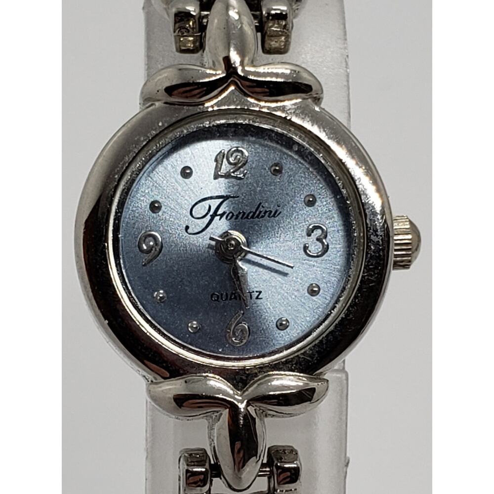 Fondini women's watch. Blue iridescent face. Silver metal band with blue beads